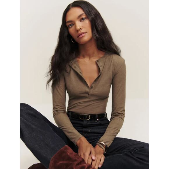 Reformation Tops - Reformation Top Small Harriet Knit Henley in Cookie Brown Casual Minimalist